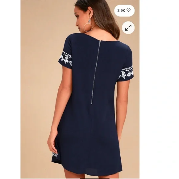 2/$30 Nwt Lulu's Embroidered Navy mini shift dress Large - Picture 4 of 9